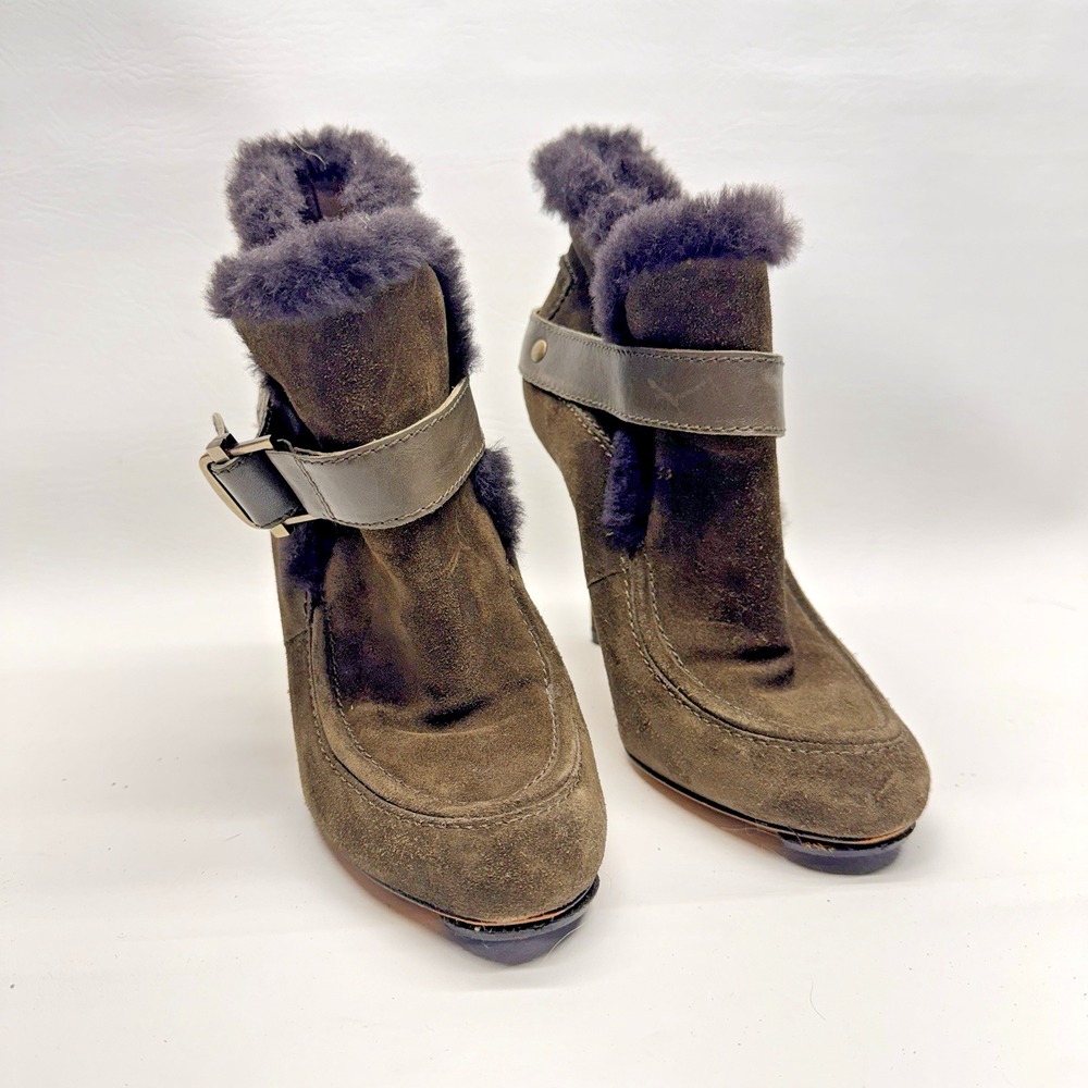 Joan & David Suede Shearling Ankle Boots Women 9M Olive Green Stiletto Luxe Chic
